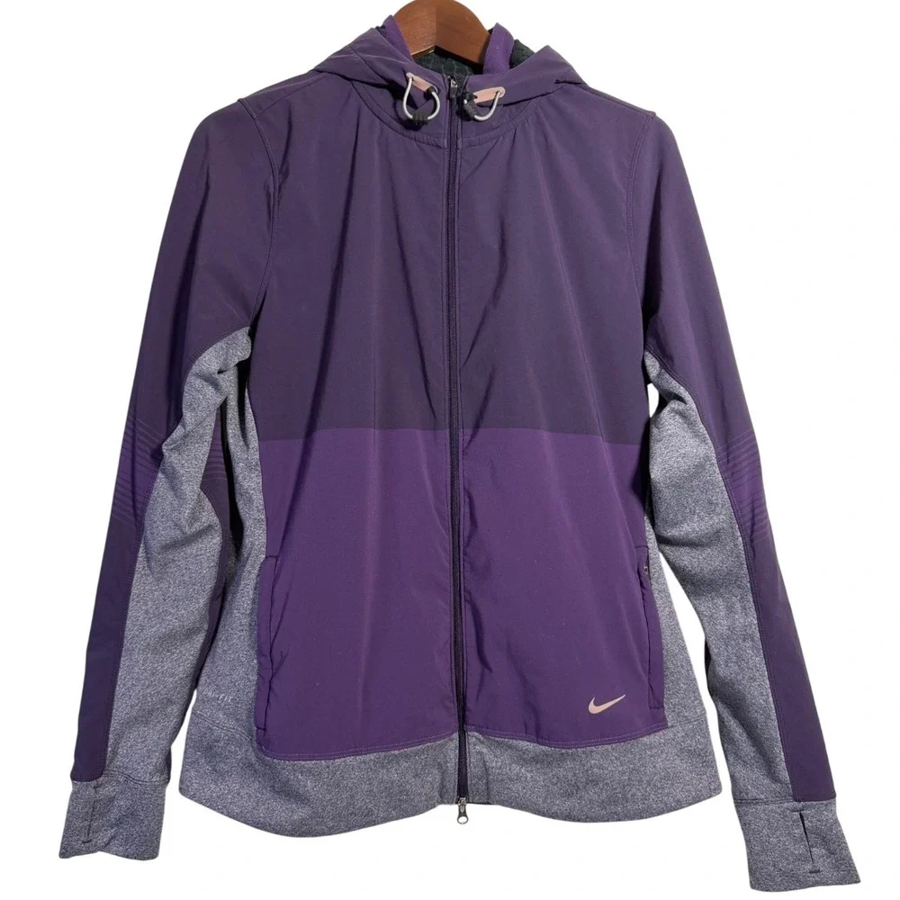 Nike Running Jacket Womens Large Purple Dri-FIT Thermal Full Zip Hoodie 520332